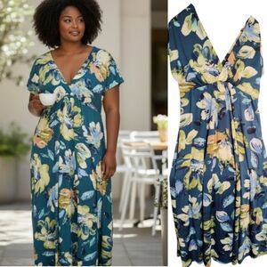 24seven Floral Maxi Dress in Blue and Yellow 3X V Neck Long Full